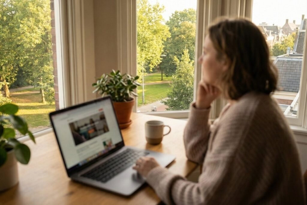 आ२०-२०-२० नियमाचा सराव करताना खिडकीबाहेर पाहणारी व्यक्ती आणि नैसर्गिक प्रकाशामुळे डोळ्यांवरील ताण कमी होतो, जे डोळ्यांचा कोरडेपणा दूर करण्याचे 5 घरगुती उपाय यांना मदत करते.