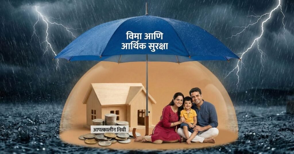 आर्थिक नियोजनाचे ७ नियम पाळल्यामुळे विमा आणि आपत्कालीन निधीद्वारे मिळणारी कौटुंबिक आर्थिक सुरक्षा दर्शवणारी प्रतिमा.