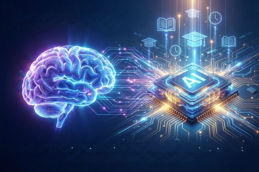 मानवी मेंदू आणि 'विद्यार्थ्यांचा अभ्यासाचा वेळ वाचवणारी सर्वोत्तम AI टूल्स' यांच्यातील सकारात्मक सहकार्य दर्शवणारे एक ग्राफिक.