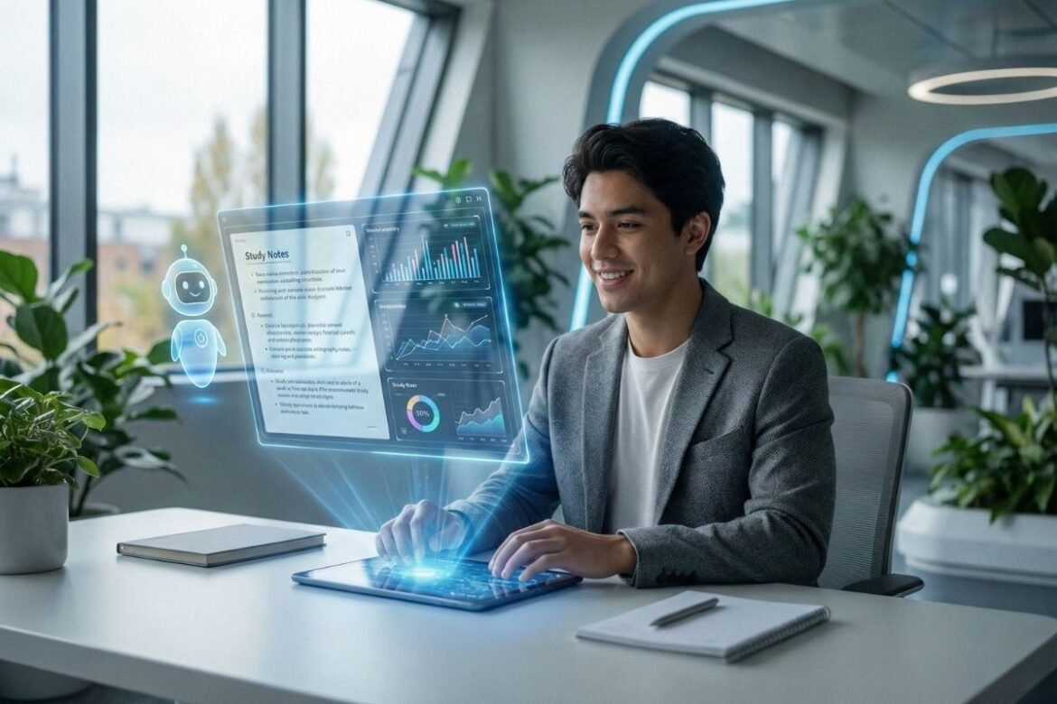 एक हुशार विद्यार्थी 'विद्यार्थ्यांचा अभ्यासाचा वेळ वाचवणारी सर्वोत्तम AI टूल्स' वापरून आनंदाने अभ्यास करताना.