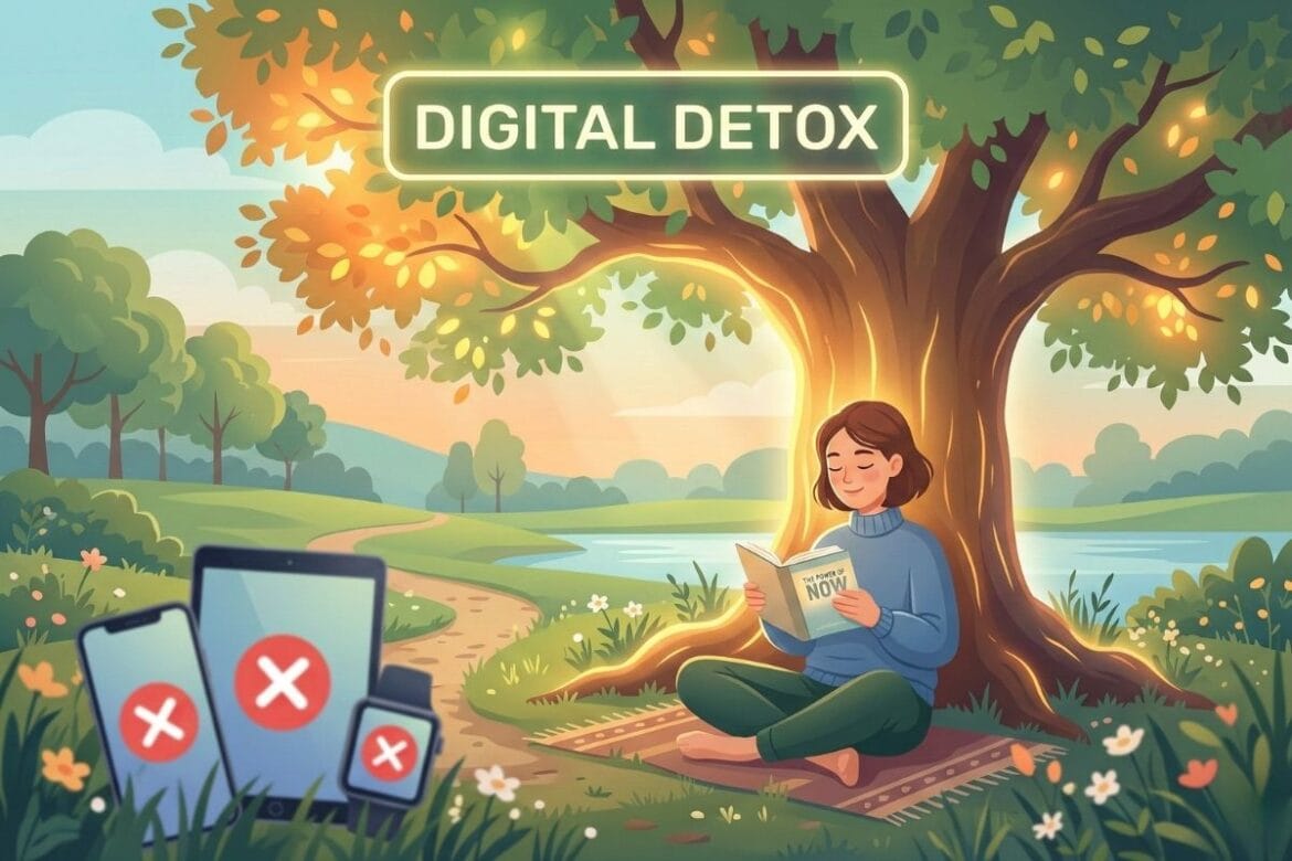 "डिजिटल डिटॉक्स म्हणजे काय" हे समजून घेणारी शांत व्यक्ती आणि मोबाईल बाजूला.