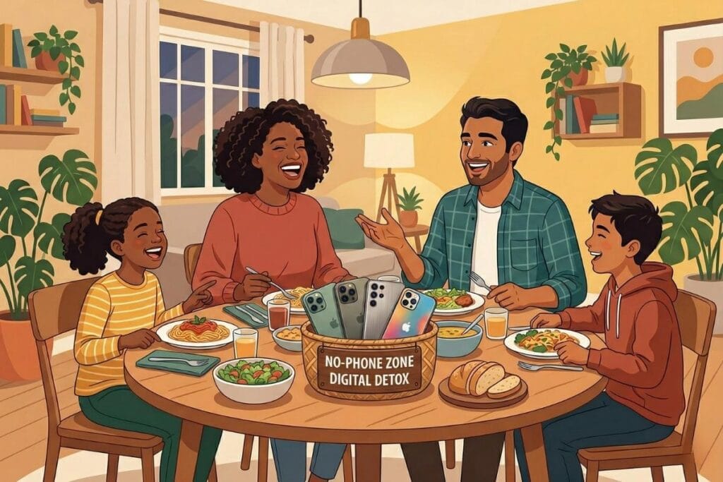 जेवणाच्या टेबलावर फोन न ठेवण्याचे प्रॅक्टिकल पाऊल आणि "डिजिटल डिटॉक्स म्हणजे काय" याचे फायदे.