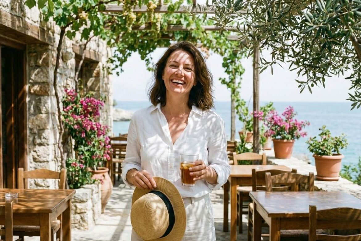 कडक उन्हात आरामात बसलेली महिला जिने उन्हाळ्यात घाम कमी करणारे सुती कपडे घातले आहेत.