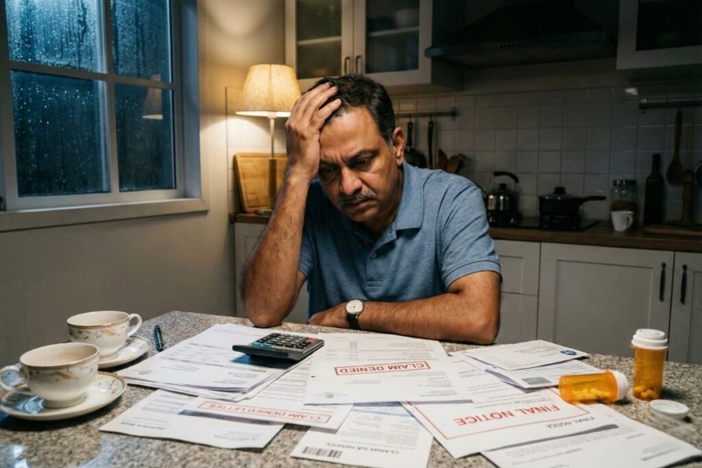 Health Insurance घेताना चुका झाल्यामुळे क्लेम रिजेक्ट झाल्यावर आर्थिक गणिते मांडताना तणावग्रस्त व्यक्ती.