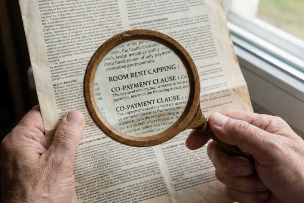 Health Insurance घेताना चुका टाळण्यासाठी पॉलिसीमधील रूम रेंट आणि को-पेमेंटच्या बारीक अटी भिंगाद्वारे तपासताना.
