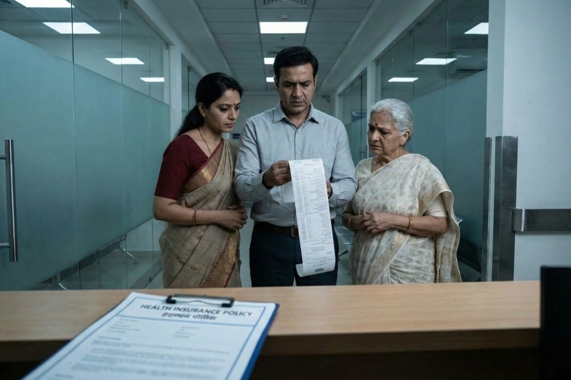 Health Insurance घेताना चुका केल्यामुळे हॉस्पिटलचे मोठे बिल पाहून आर्थिक चिंतेत पडलेले भारतीय कुटुंब.