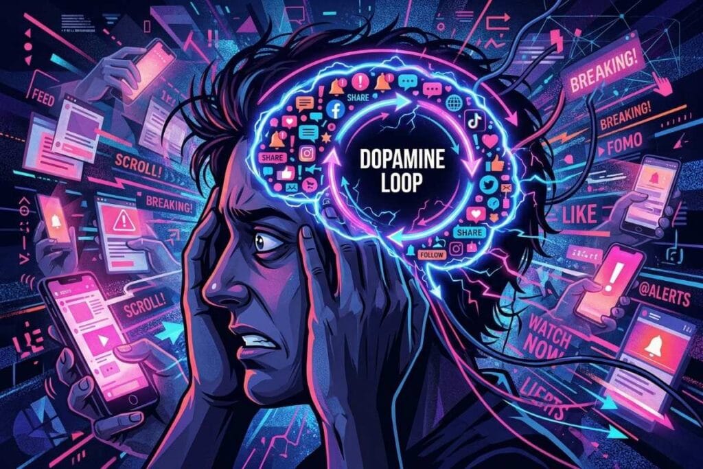 स्मार्टफोनच्या अस्वस्थ डोपॅमाईन लूपमध्ये अडकलेली व्यक्ती आणि "डिजिटल डिटॉक्स म्हणजे काय" याचा अर्थ.