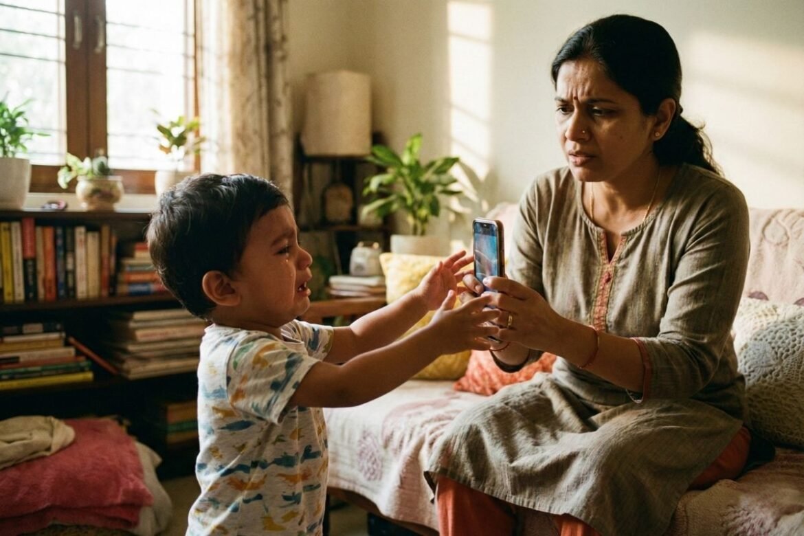 डणारे मूल आईकडे हट्टाने मोबाईल मागत आहे आणि आई काळजीत पडली आहे, हे चित्र 'मुलं मोबाईल मागतात काय करावे' या पालकांच्या मुख्य समस्येचे प्रतिनिधित्व करते.