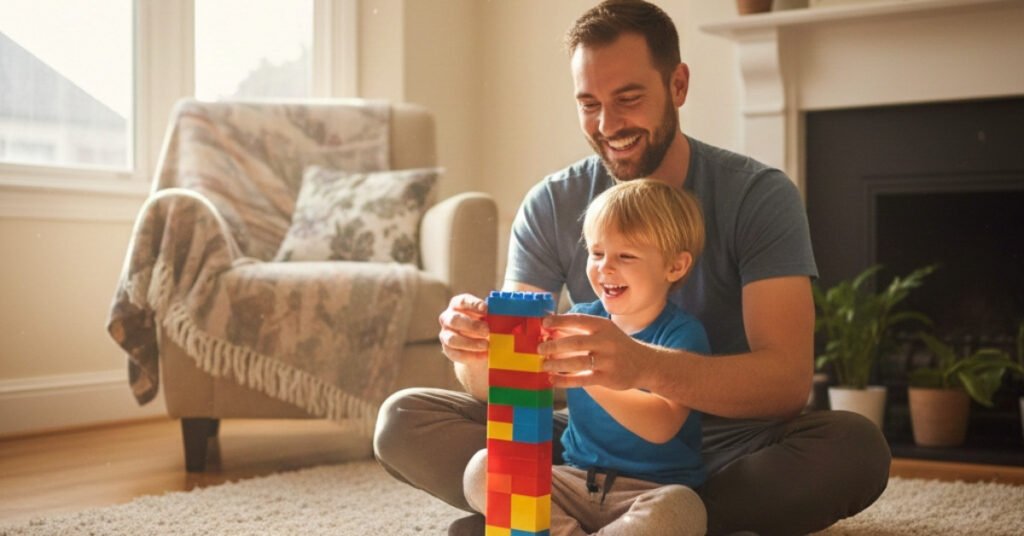 मुलांचे संगोपन कसे करावे यातील सुरुवातीच्या टप्प्यात लहान मुलासोबत खेळताना आणि वेळ घालवताना वडिलांचा आनंदी फोटो.