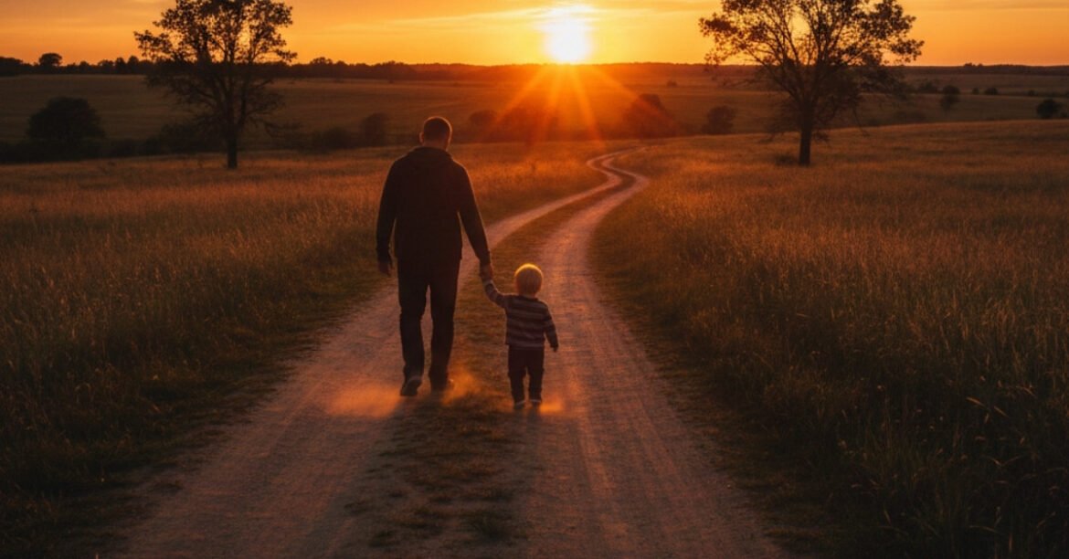 मुलांचे संगोपन कसे करावे हे दर्शवणारा वडील आणि लहान मुलाच्या आयुष्याच्या प्रवासाचा एक प्रातिनिधिक आणि भावनिक फोटो.