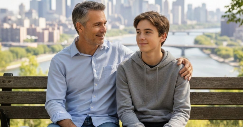 मुलांचे संगोपन कसे करावे याचा भाग म्हणून किशोरवयीन मुलाशी मित्राप्रमाणे संवाद साधताना आणि मार्गदर्शन करताना वडील.