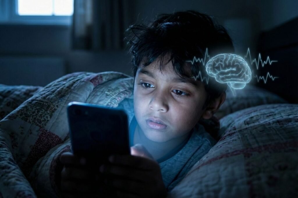 मुलांच्या मेंदूवर मोबाईलचे दुष्परिणाम: रात्रीच्या वेळी मोबाईलच्या निळ्या प्रकाशामुळे मुलांची उडालेली झोप आणि मेंदूवर होणारा ताण.
