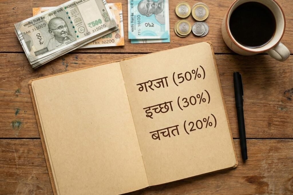पैसे साठवायला सुरुवात कशी करावी हे दर्शवणारे ५०/३०/२० बजेटिंगचे वहीतील नियोजन आणि पैशांचे वर्गीकरण.