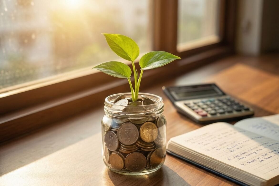 पैसे साठवायला सुरुवात कशी करावी? याचे प्रतीक म्हणून नाण्यांच्या बरणीतून उगवणारे रोप.
