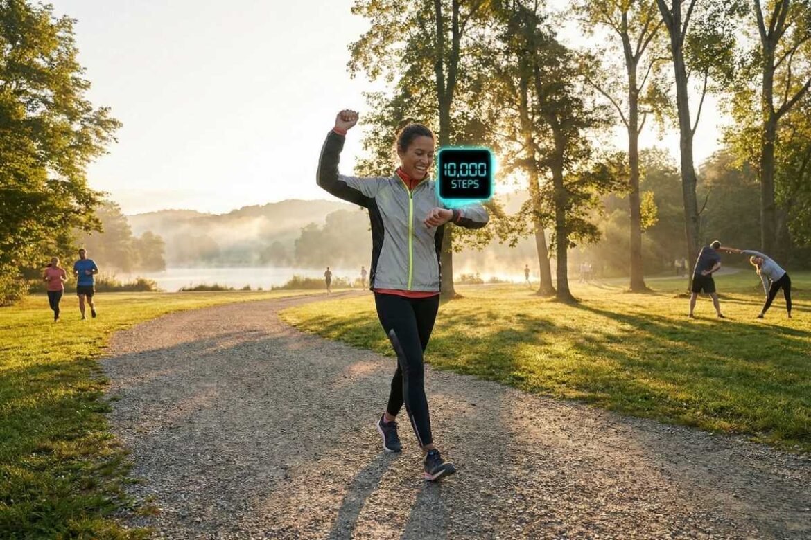 रोज 10000 पावले चालणे पूर्ण केल्यानंतर आनंदी दिसणारी व्यक्ती आणि स्मार्टवॉचवर १०००० स्टेप्सचा आकडा.