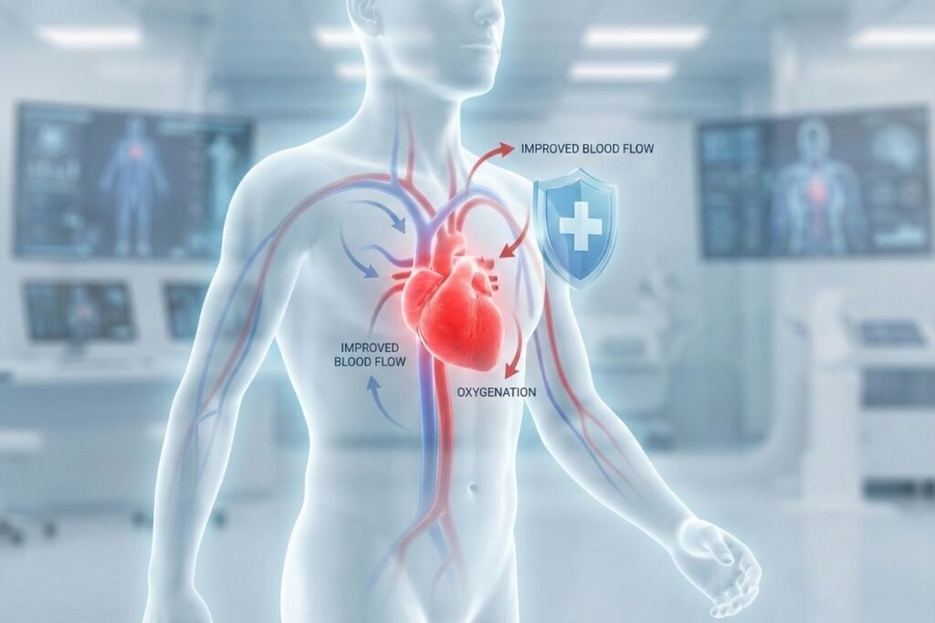 रोज 10000 पावले चालणे यामुळे हृदयाचे आरोग्य आणि रक्ताभिसरण सुधारते हे दर्शवणारे वैज्ञानिक चित्र.