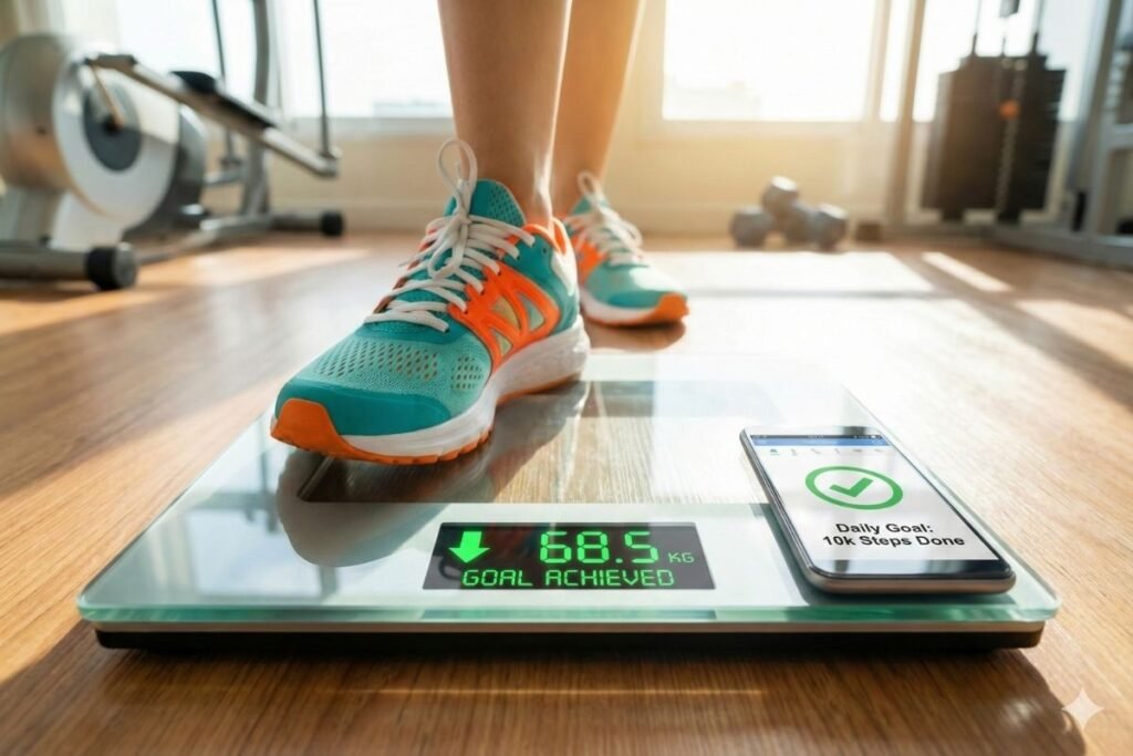 वजन कमी करण्यासाठी आणि फिटनेस गोल पूर्ण करण्यासाठी रोज 10000 पावले चालणे कसे मदत करते हे दर्शवणारी प्रतिमा.