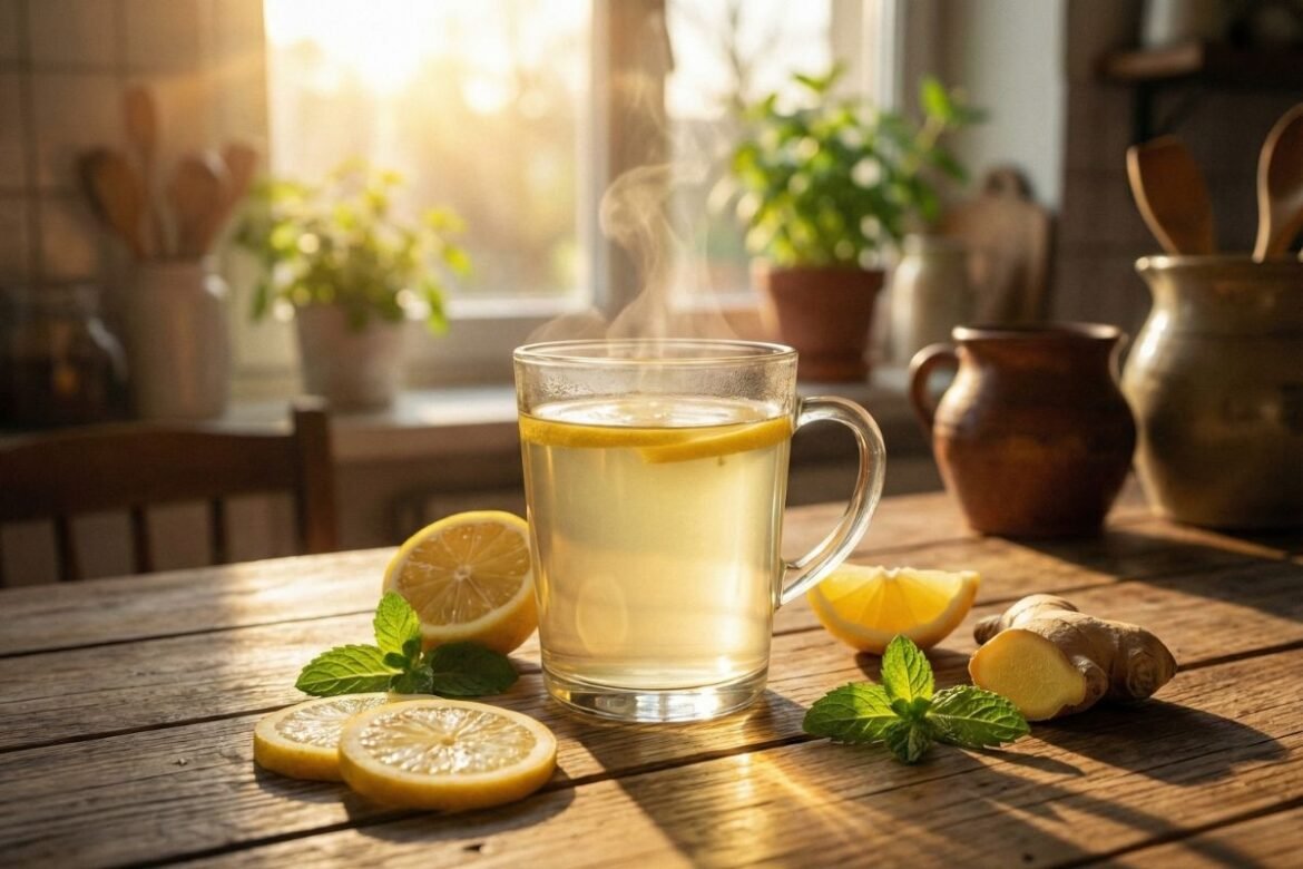 सकाळी रिकाम्या पोटी लिंबू पाणी पिण्याचे फायदे दर्शवणारे कोमट पाण्याचे आणि ताज्या लिंबाचे आकर्षक मुख्य छायाचित्र