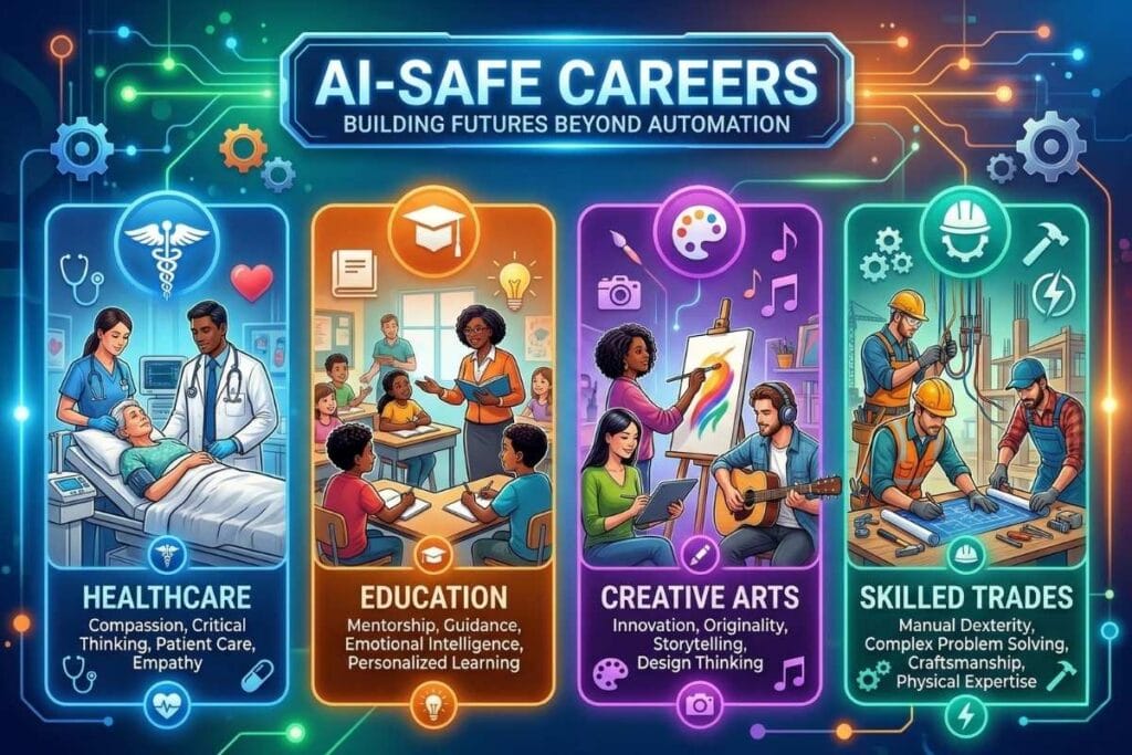 एआय-सुरक्षित करिअरचे आधुनिक इन्फोग्राफिक, ai मुळे टिकणाऱ्या नोकऱ्या ची यादी.