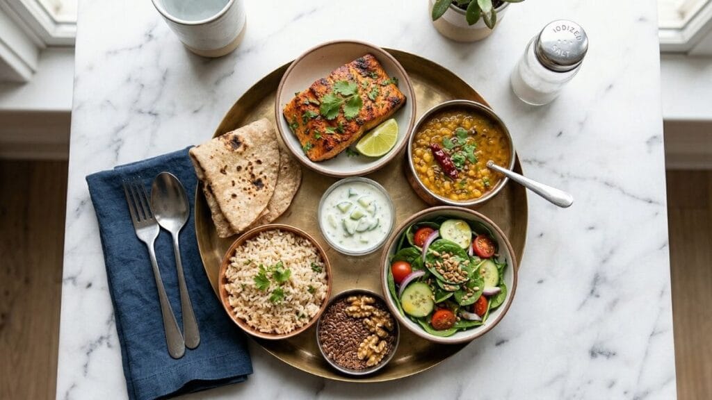 थायरॉईडची लक्षणे नियंत्रित करण्यासाठी आवश्यक असणारा भारतीय थायरॉईड आहार तक्ता दर्शवणारी ताट.