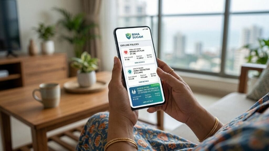 विमा सुगम पोर्टलवरून मोबाईलद्वारे सर्वोत्तम टर्म इन्शुरन्स २०२६ ची सहज आणि डिजिटल पद्धतीने तुलना आणि खरेदी करताना एक ग्राहक.