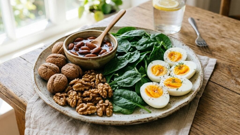 बदाम, अक्रोड आणि पालक यांसारखे मेंदूच्या विकासासाठी पदार्थ, जे मुलांसाठी संतुलित आहार तक्ता चा महत्त्वाचा भाग आहेत.