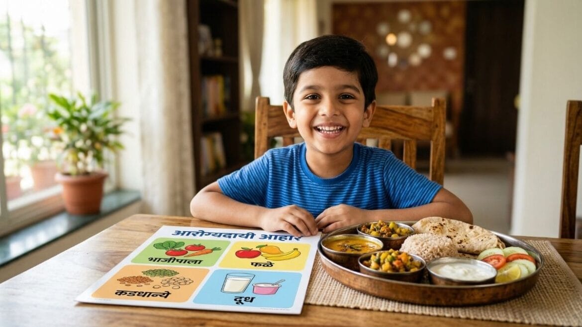 एक आनंदी भारतीय मुलगा ज्याच्यासमोर एक रंगीत मुलांसाठी संतुलित आहार तक्ता आणि जेवणाची ताटली आहे.