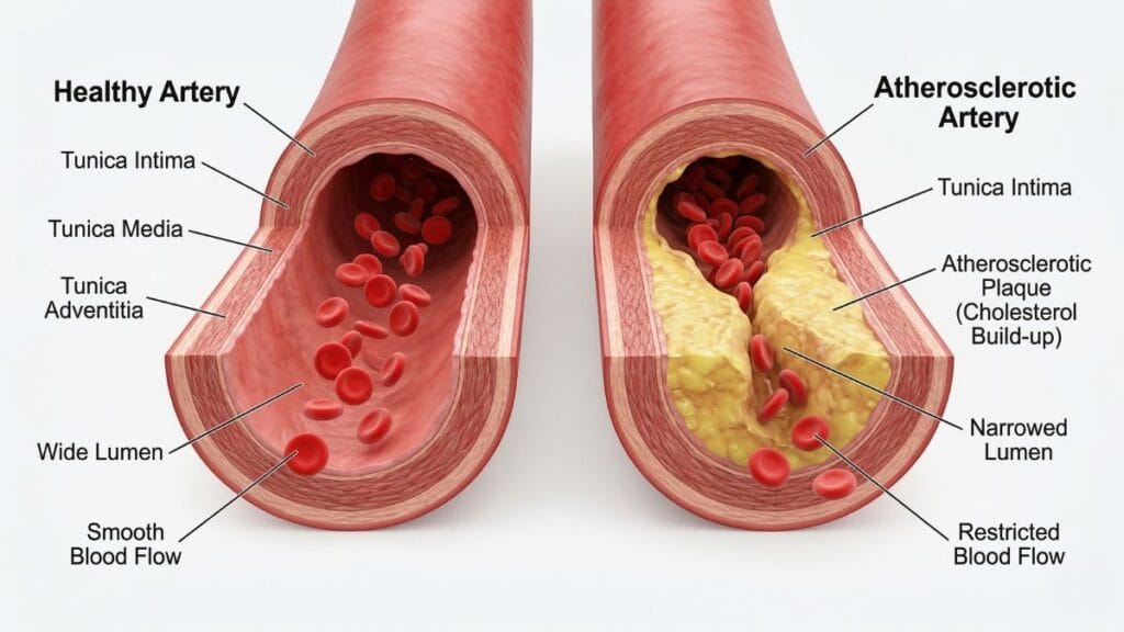 कोलेस्ट्रॉल कमी करण्याचे उपाय आणि नसांमधील पिवळसर चरबी साठल्यामुळे होणारा अडथळा दर्शवणारी आकृती