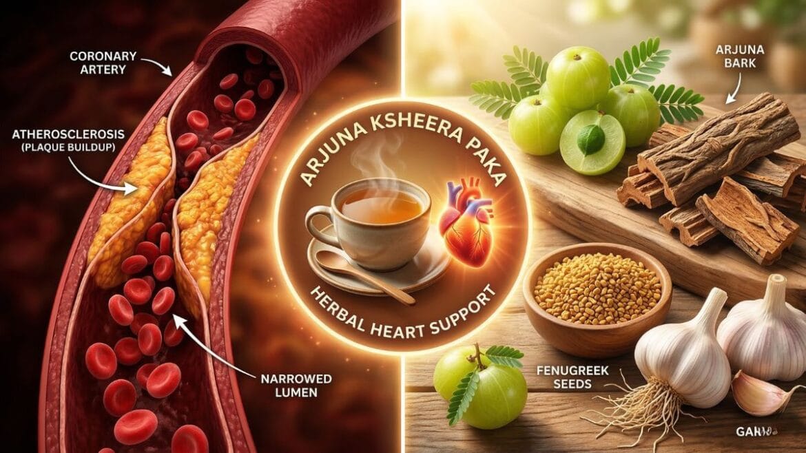 कोलेस्ट्रॉल कमी करण्याचे उपाय दर्शवणारे आयुर्वेदिक घटक आणि नसांमधील ब्लॉकेज कमी करणारा अर्जुन सालेचा चहा.
