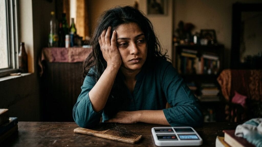 महिलांमध्ये दिसणारी थायरॉईडची लक्षणे आणि आहार नियोजनाची गरज दर्शवणारी थकलेली महिला.