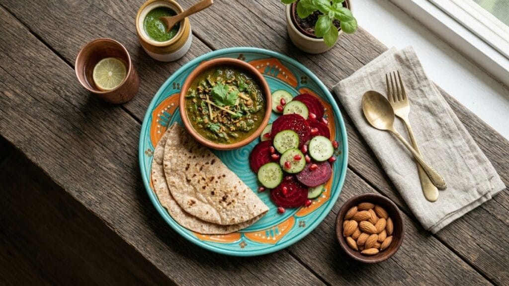 उच्च रक्तदाब घरगुती उपाय: रक्तदाब कमी करण्यासाठी डॅश डाएट (DASH Diet) वर आधारित हिरव्या पालेभाज्या, फळे आणि शेंगदाण्यांचा सकस आहार.