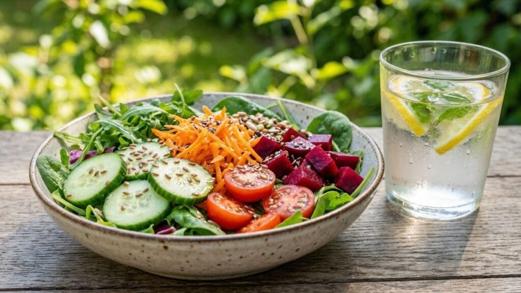 फॅटी लिव्हर रिव्हर्सल डाएटमधील 'सॅलड-फर्स्ट' नियमासाठी उपयुक्त फायबरयुक्त ताजे सॅलड आणि लिंबू पाणी.