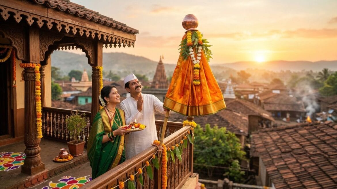 महाराष्ट्रभरात गुढीपाडवा 2026 तारीख आणि शुभ मुहूर्त पाळून उभारलेली पारंपारिक विजयाची गुढी.