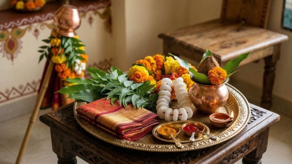 महाराष्ट्रभरात गुढीपाडवा 2026 तारीख आणि शुभ मुहूर्त यानुसार पूजेसाठी लागणारे पारंपारिक साहित्य एका ताटात सजवलेले.