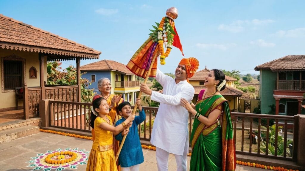 गुढीपाडवा 2026 तारीख आणि शुभ मुहूर्त साधून शास्त्रोक्त पद्धतीने गुढी उभारणारी पारंपारिक पोषाखातील आनंदी कुटुंब.