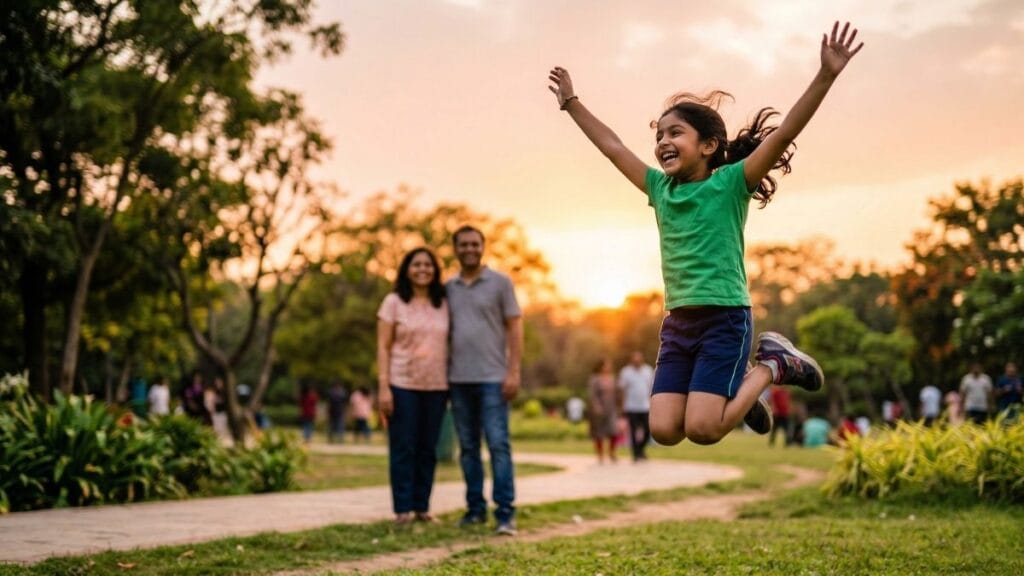 सकस पोषण आणि मुलांसाठी संतुलित आहार तक्ता मुळे वाढलेली मुलांची ऊर्जा आणि रोगप्रतिकारक शक्ती दर्शवणारे चित्र.