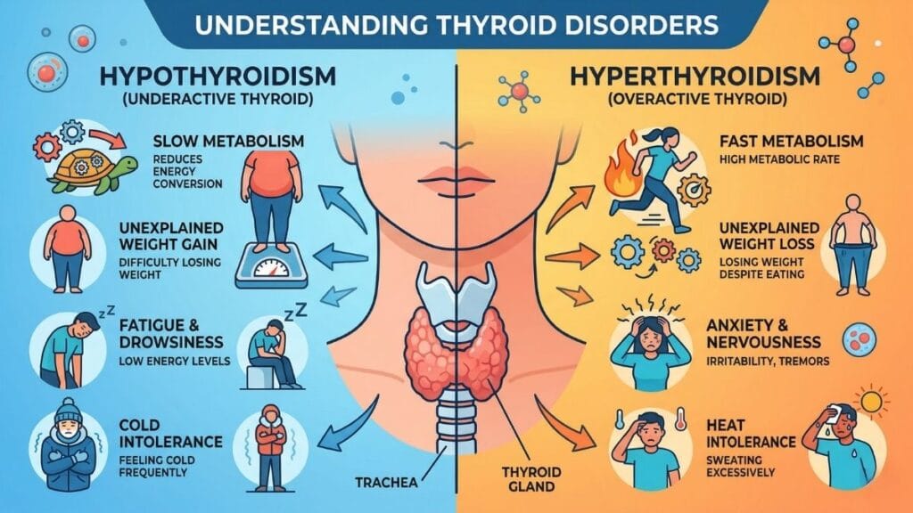 हायपोथायरॉईडीझम आणि हायपरथायरॉईडीझममधील फरक आणि थायरॉईडची लक्षणे समजून घेण्याची कृती दर्शवणारा तक्ता.