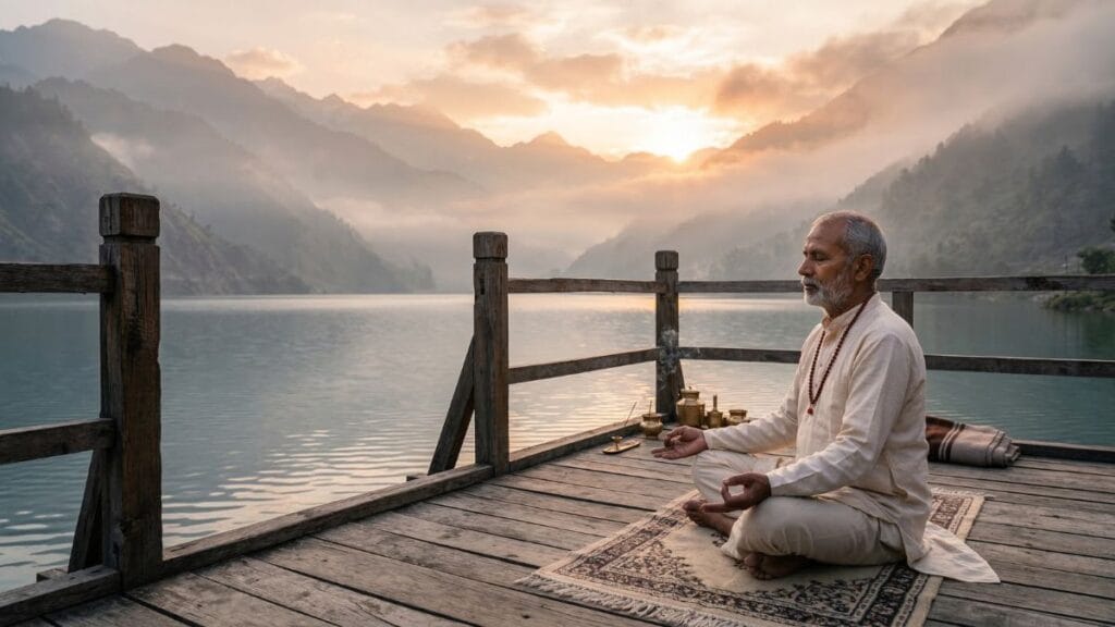 निसर्गाच्या सानिध्यात ध्यानधारणा आणि मानसिक शांतता मिळवण्याचे उपाय दर्शवणारे चित्र.