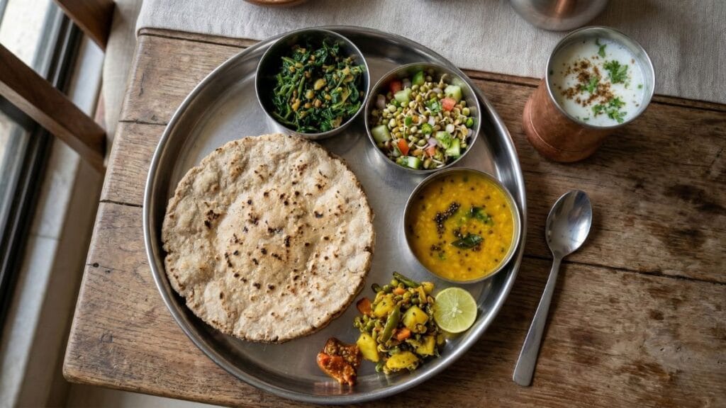 वजन कमी करण्याचे उपाय सांगणारे संतुलित महाराष्ट्रीयन आहाराचे ताट