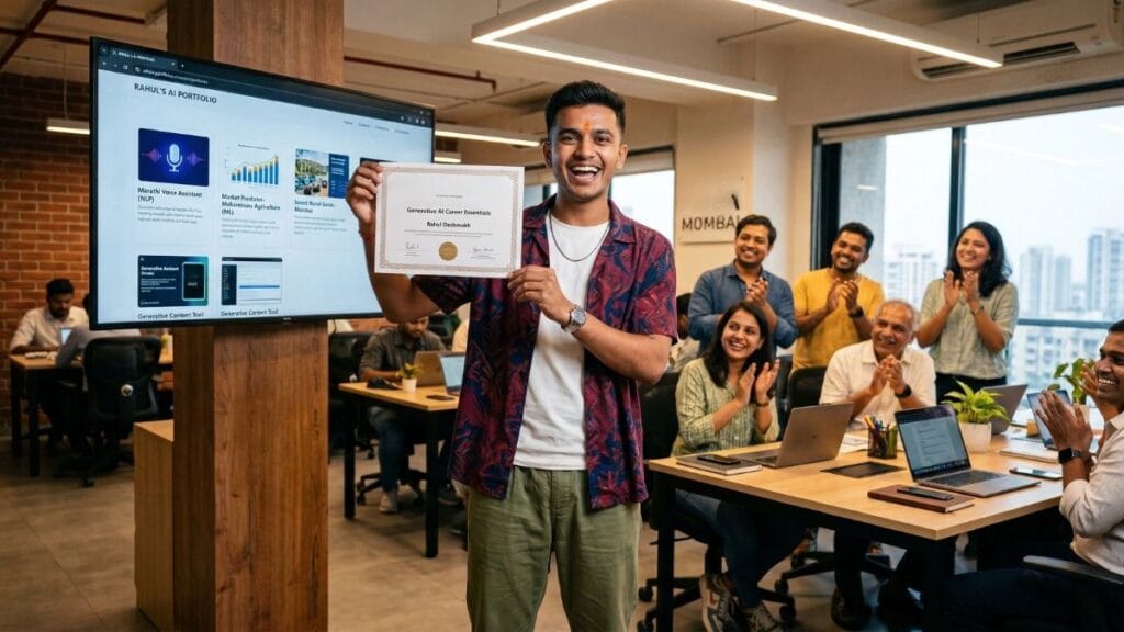 फ्री एआय स्किल्स कोर्सेस 2026 पूर्ण केल्यावर स्वतःचे पोर्टफोलिओ प्रोजेक्ट लिंकडइनवर शेअर करणारा एक महाराष्ट्रीयन तरुण कोडर.