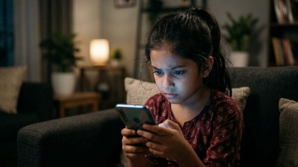 मोबाईल बघताना चिडचिडी झालेली मुलगी - मोबाईलच्या अतिवापरामुळे वाढणारा मुलांचा हट्टीपणा आणि चिडचिडेपणा.