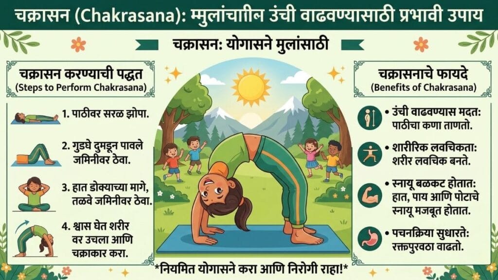 मुलांची उंची वाढवण्यासाठी प्रभावी उपाय म्हणून चक्रासन कसे करावे आणि त्याचे फायदे काय आहेत, हे सांगणारे मराठी इन्फोग्राफिक.