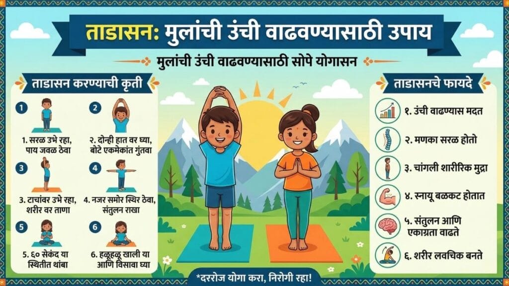 मुलांची उंची वाढवण्यासाठी प्रभावी उपाय म्हणून ताडासन कसे करावे आणि त्याचे फायदे काय आहेत, हे सांगणारे मराठी इन्फोग्राफिक.