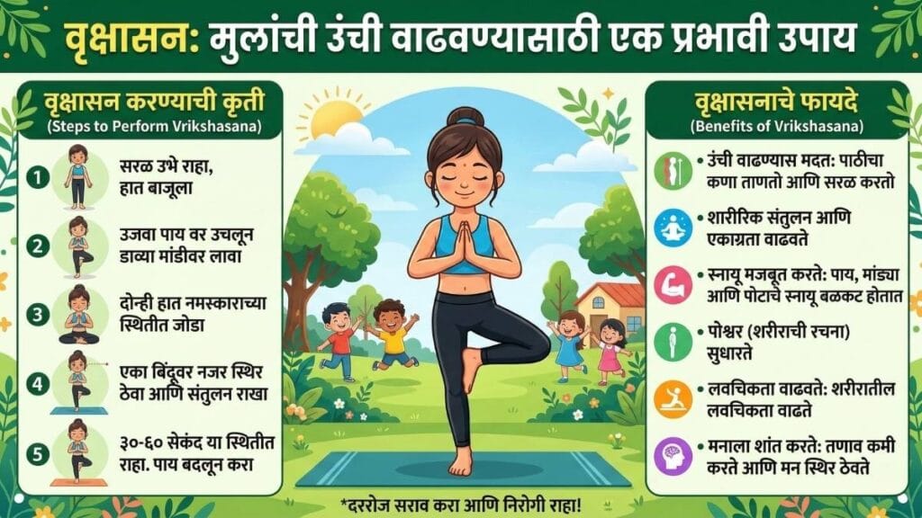 मुलांची उंची वाढवण्यासाठी प्रभावी उपाय म्हणून वृक्षासन कसे करावे आणि त्याचे फायदे काय आहेत, हे सांगणारे मराठी इन्फोग्राफिक