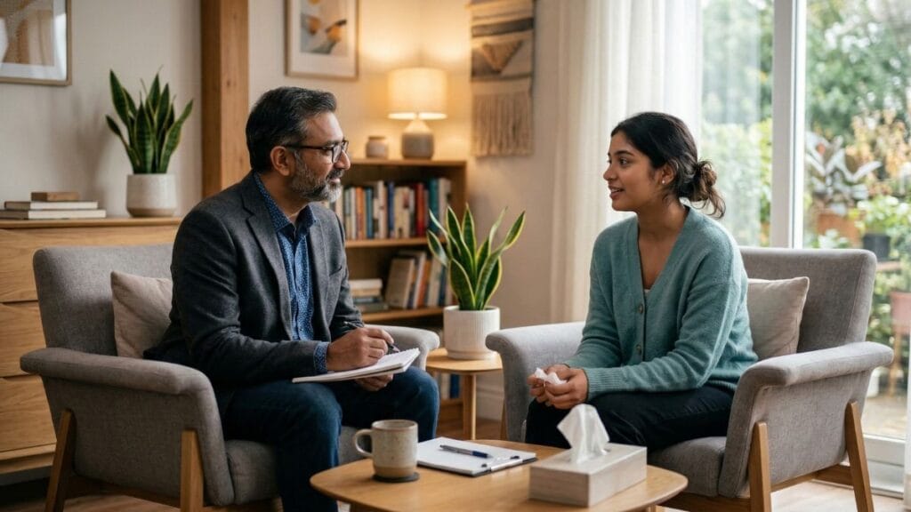 मानसोपचारतज्ज्ञांची मदत घेताना रुग्ण: नैराश्य (Depression) लक्षणे आणि उपाय माहिती