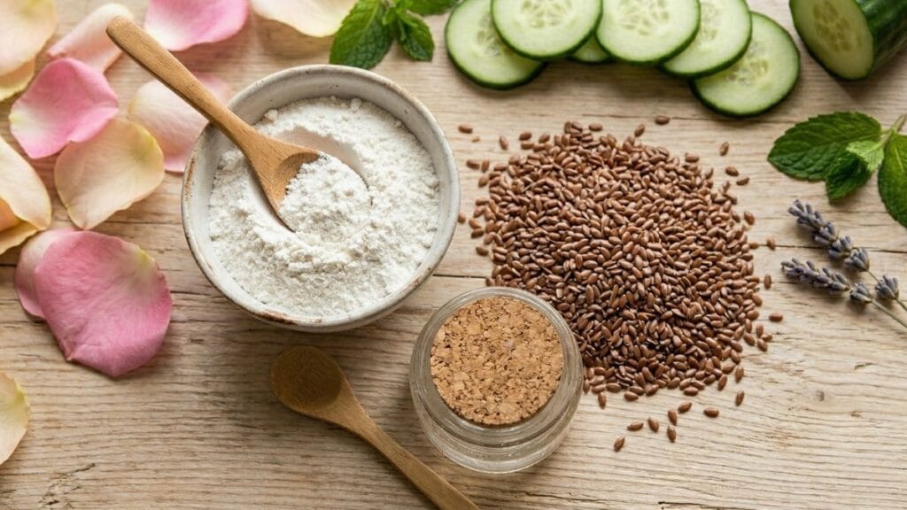 कोरियन ग्लास स्किन (Korean Glass Skin) वापरले जाणारे जवस आणि तांदळाचं पीठ यांसारखे घरगुती उपाय.