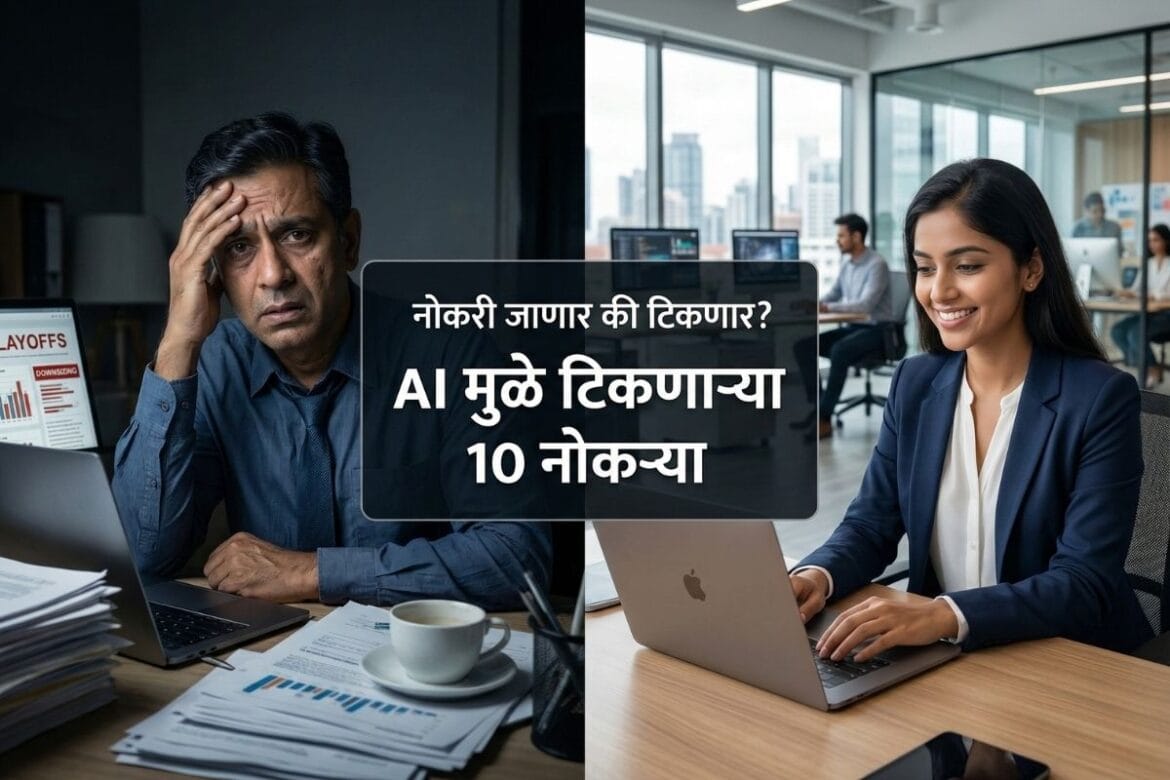 नोकरीचे संकट आणि सुरक्षा दर्शवणारे स्प्लिट चित्र, ai मुळे टिकणाऱ्या नोकऱ्या बद्दल माहिती.