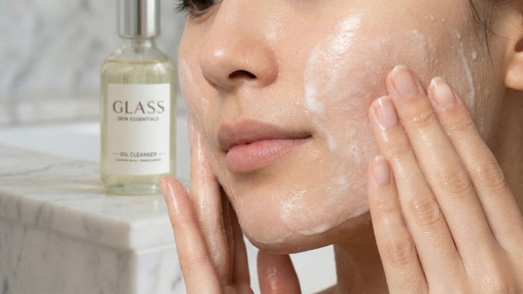 कोरियन ग्लास स्किन मिळवण्यासाठी ऑईल क्लीन्सरने केलेली डबल क्लींजिंग प्रक्रिया.