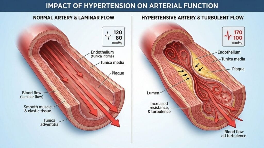 उच्च रक्तदाब घरगुती उपाय समजून घेताना: निरोगी धमनी (डावीकडे) आणि रक्तप्रवाहास अडथळा निर्माण करणारी अरुंद धमनी (उजवीकडे) यातील फरक.