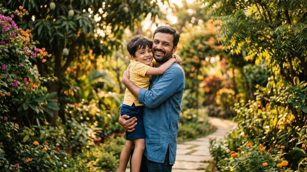 बाबा आणि मुलाची आनंदी मिठी - पॉझिटिव्ह पेरेंटिंगने कमी करा मुलांचा हट्टीपणा आणि चिडचिडेपणा.